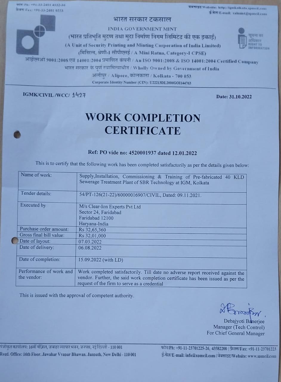 Mint Kolkata Completion Certificate
